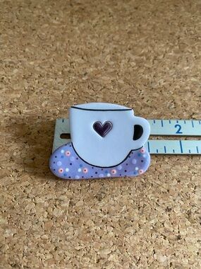 White Teacup Pin with Purple Heart and Lavender Saucer
